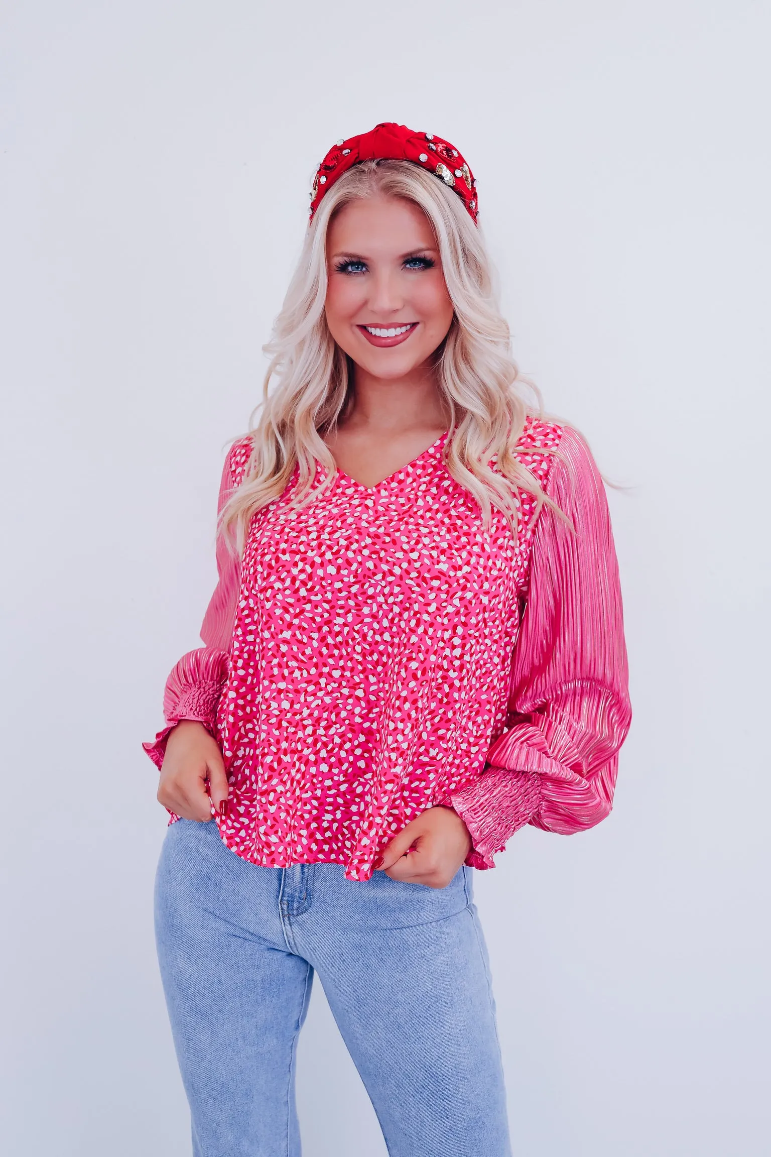 Touch Of Chic Shimmer Sleeve Top - Pink /Leopard