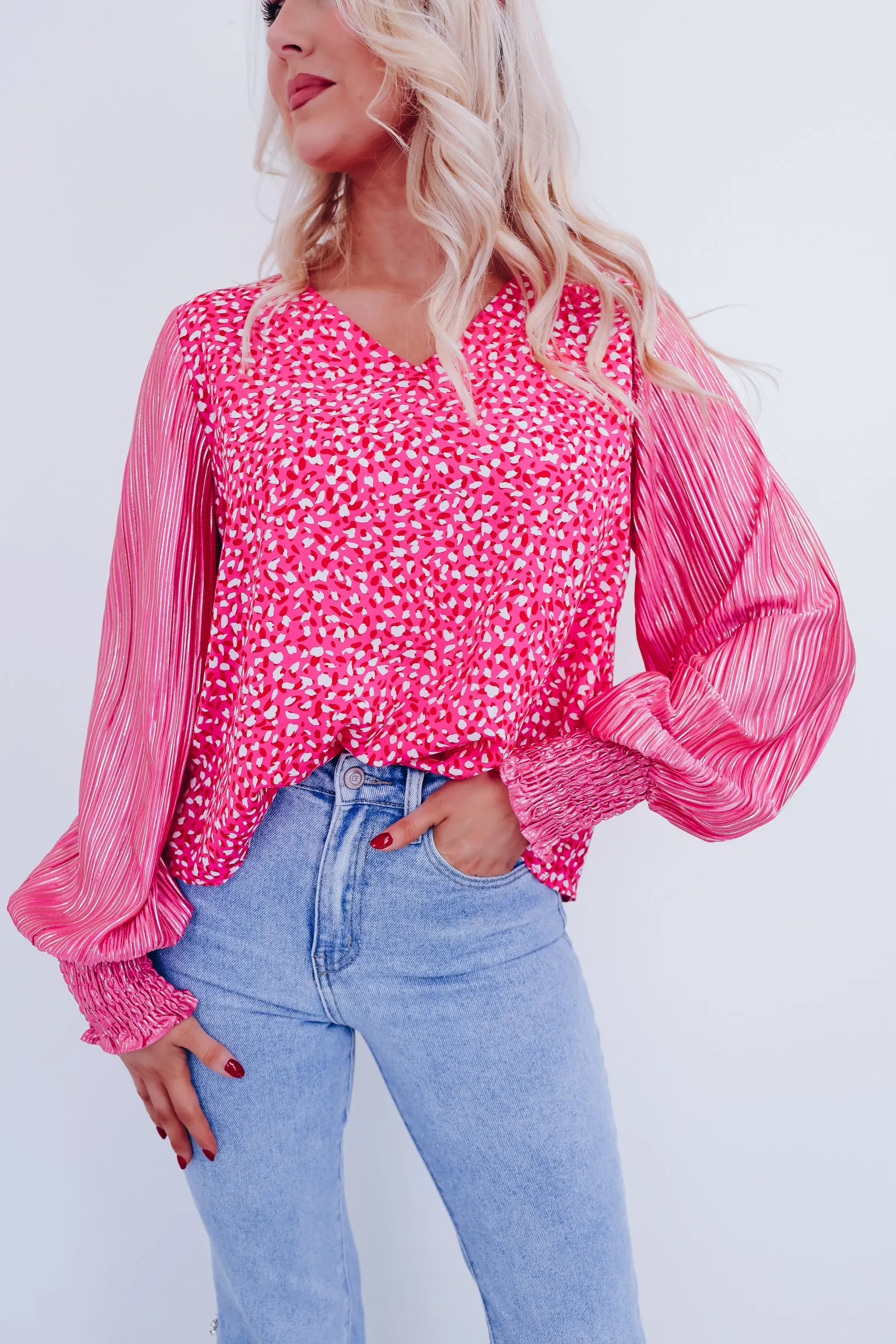 Touch Of Chic Shimmer Sleeve Top - Pink /Leopard