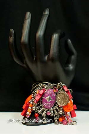 Treska | Silver Cuff Bracelet with Pink & Orange Charms