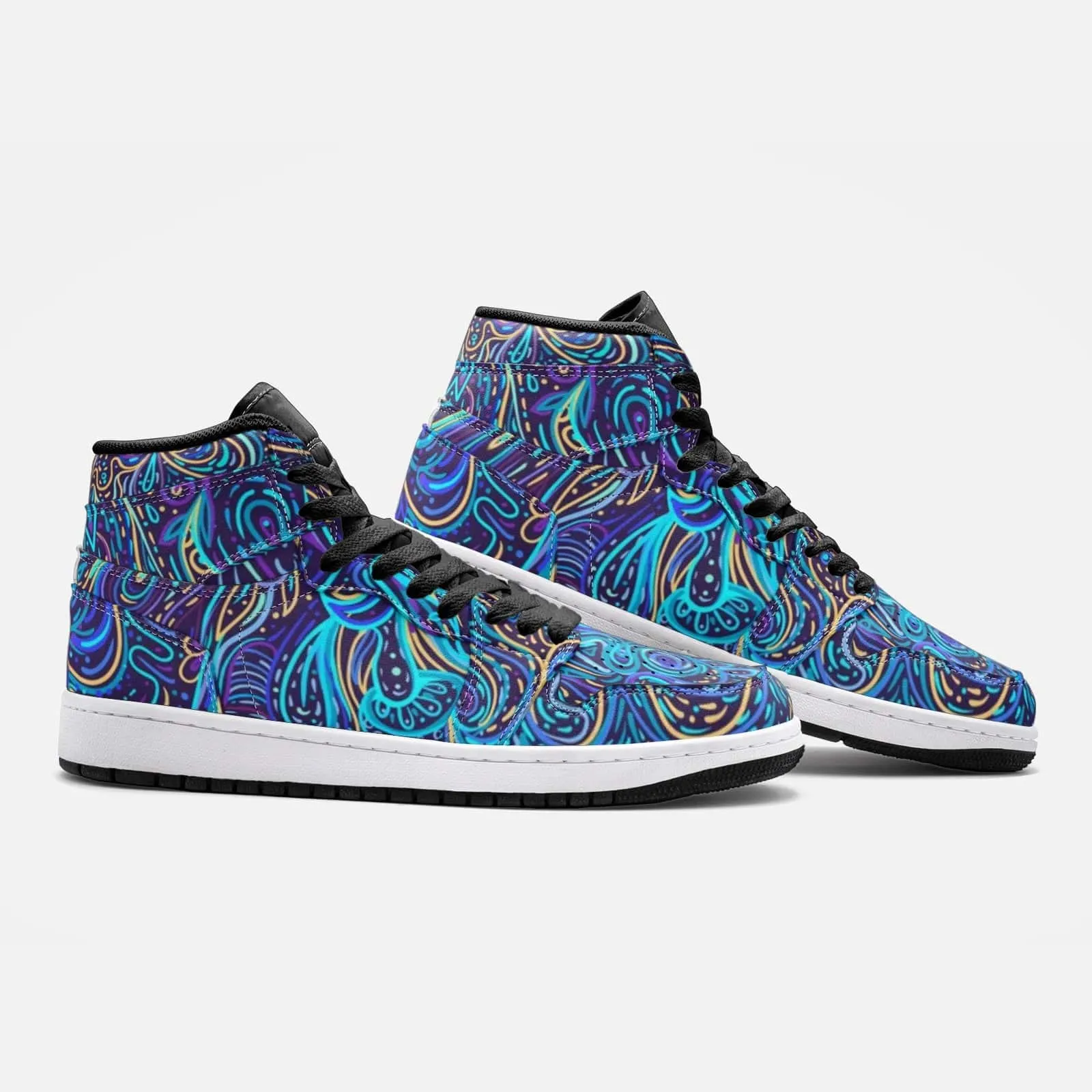 Trippy Psychedelic Blue Turquoise Leather Hightop Sneakers