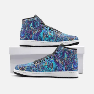 Trippy Psychedelic Blue Turquoise Leather Hightop Sneakers