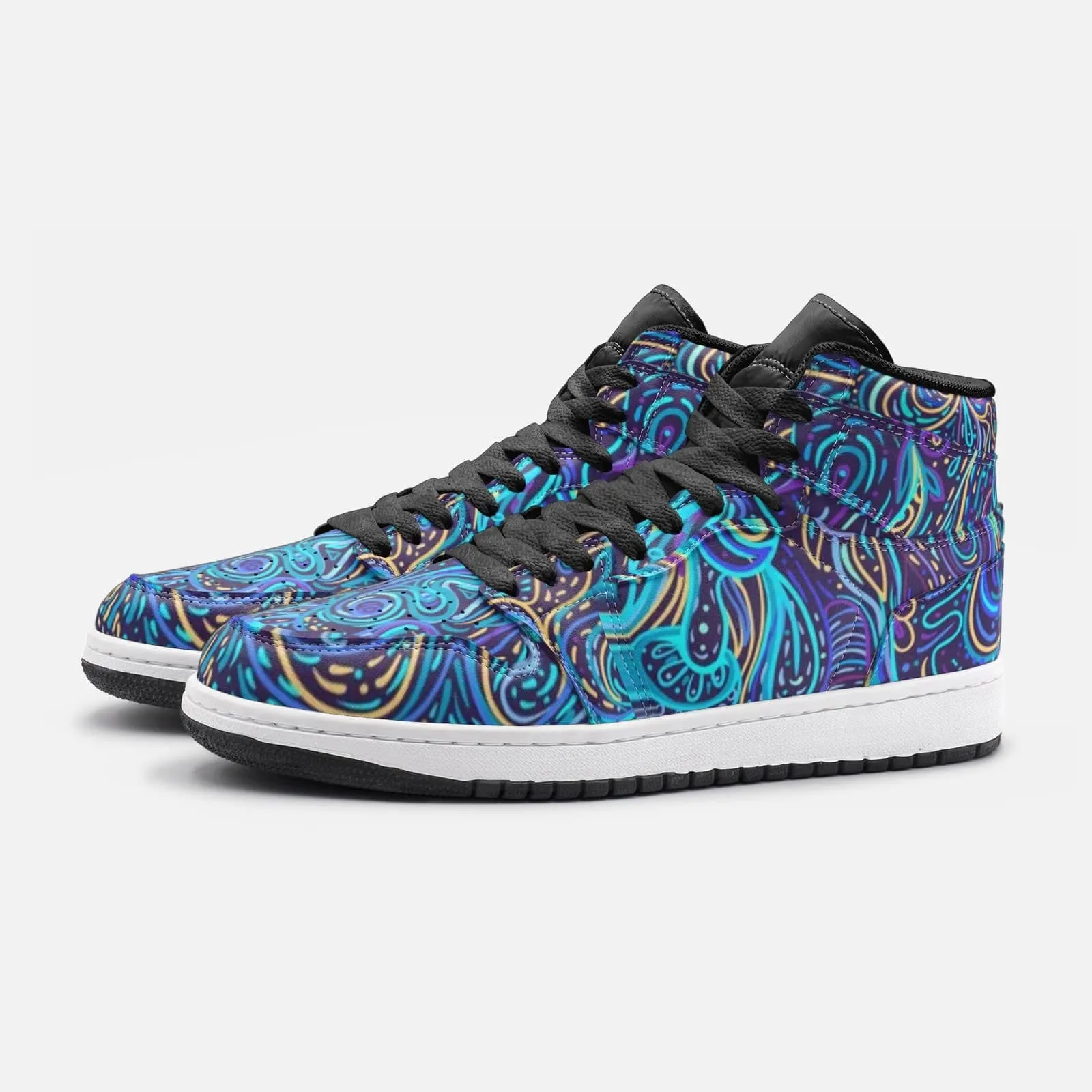 Trippy Psychedelic Blue Turquoise Leather Hightop Sneakers