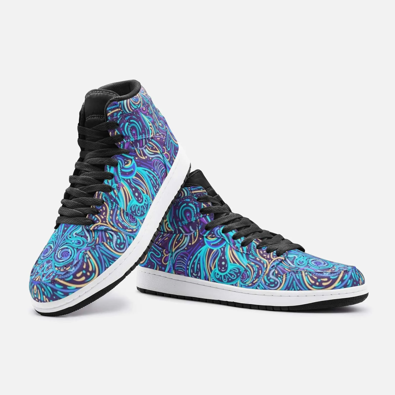 Trippy Psychedelic Blue Turquoise Leather Hightop Sneakers