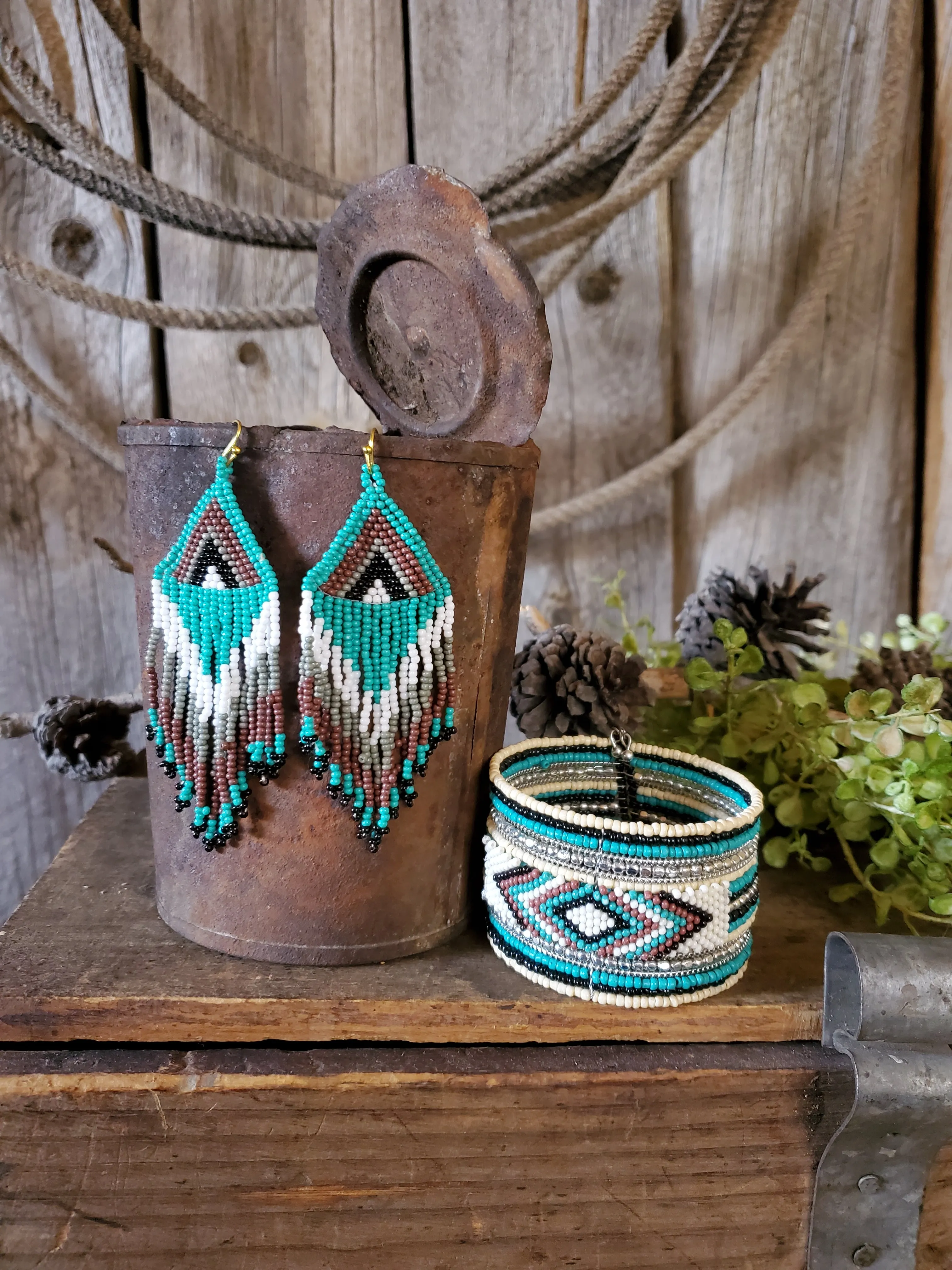 Turquoise and Ivory Seed Bead Dangle Earrings