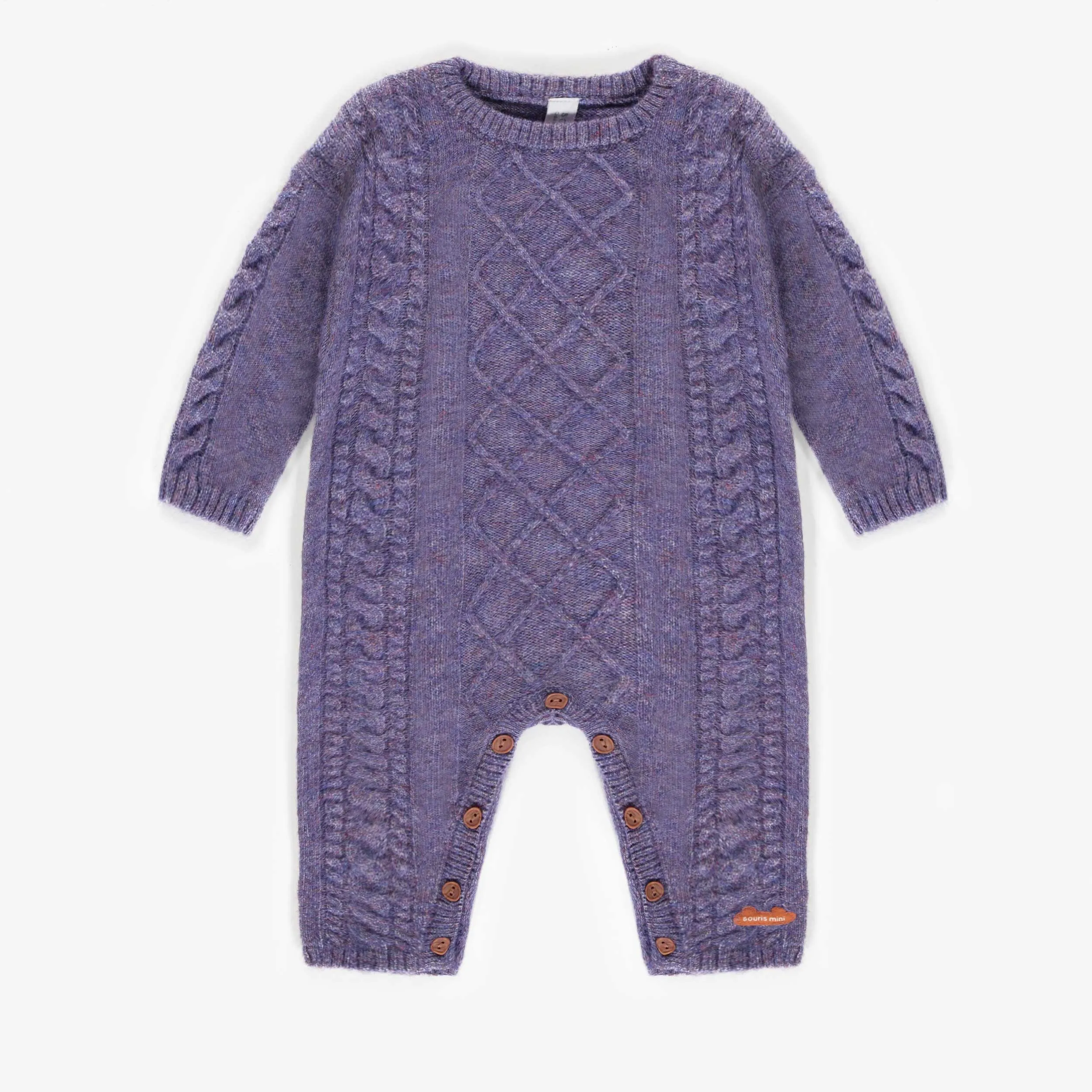 Une-pièce mauve de maille en polyester recyclé, naissance || Purple knitted one-piece in recycled polyester, newborn