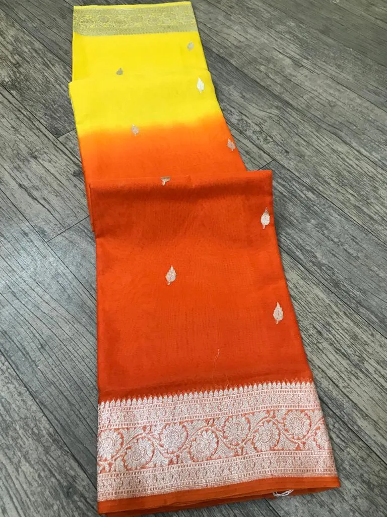 Unique Banarasi Chiffon Khaddi Saree In Yellow Orange Ombre