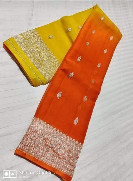 Unique Banarasi Chiffon Khaddi Saree In Yellow Orange Ombre