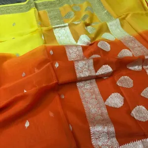 Unique Banarasi Chiffon Khaddi Saree In Yellow Orange Ombre