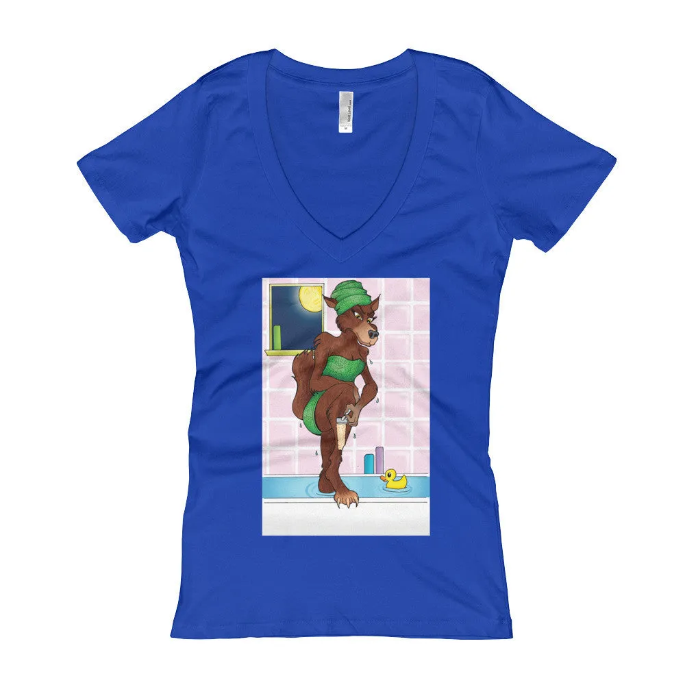 Werewolf Shaving in the Shower Fitted V-Neck T-Shirt