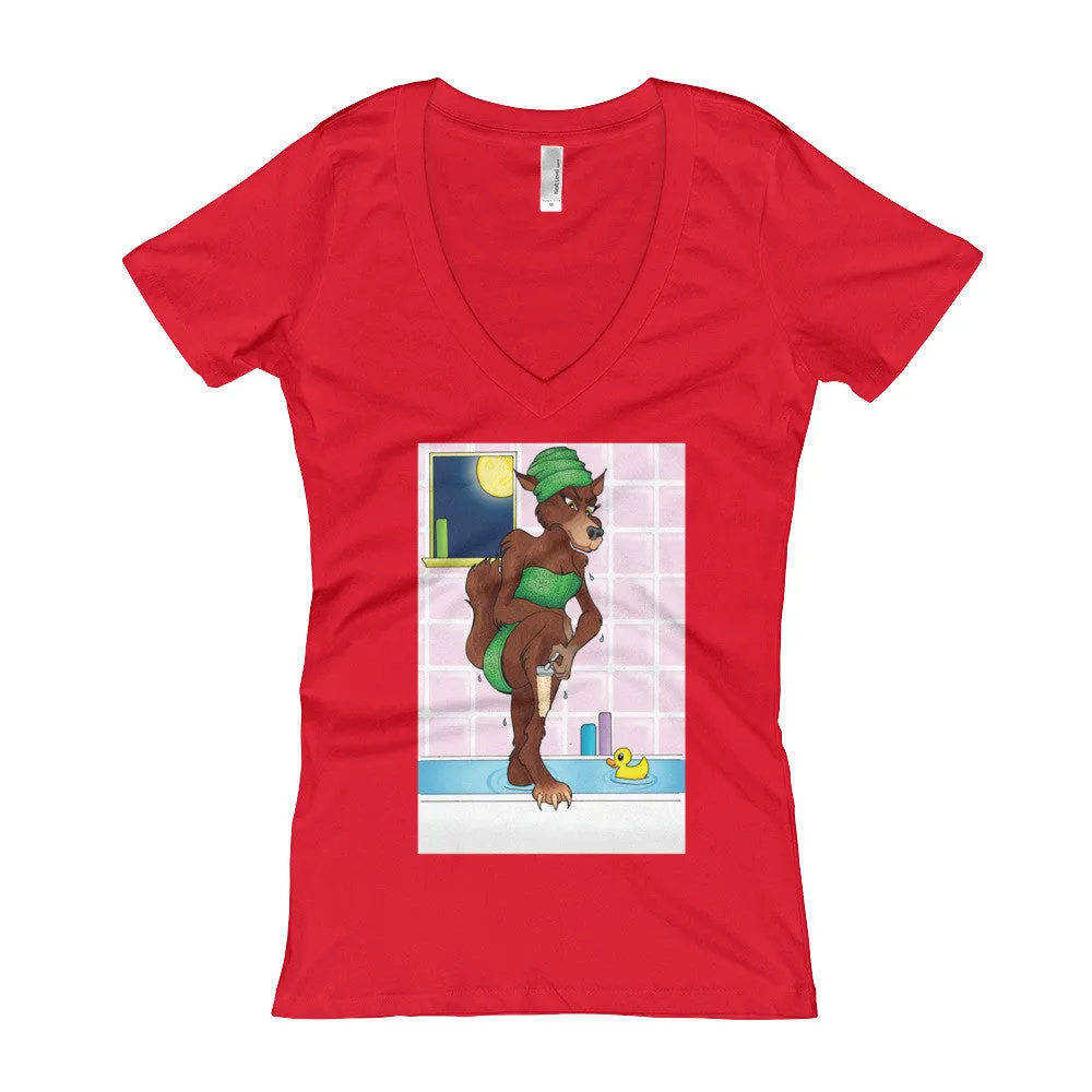 Werewolf Shaving in the Shower Fitted V-Neck T-Shirt