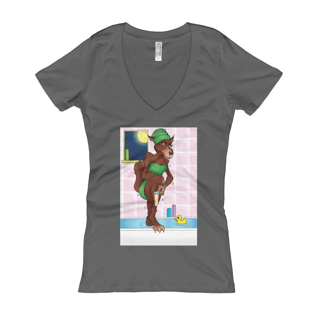 Werewolf Shaving in the Shower Fitted V-Neck T-Shirt