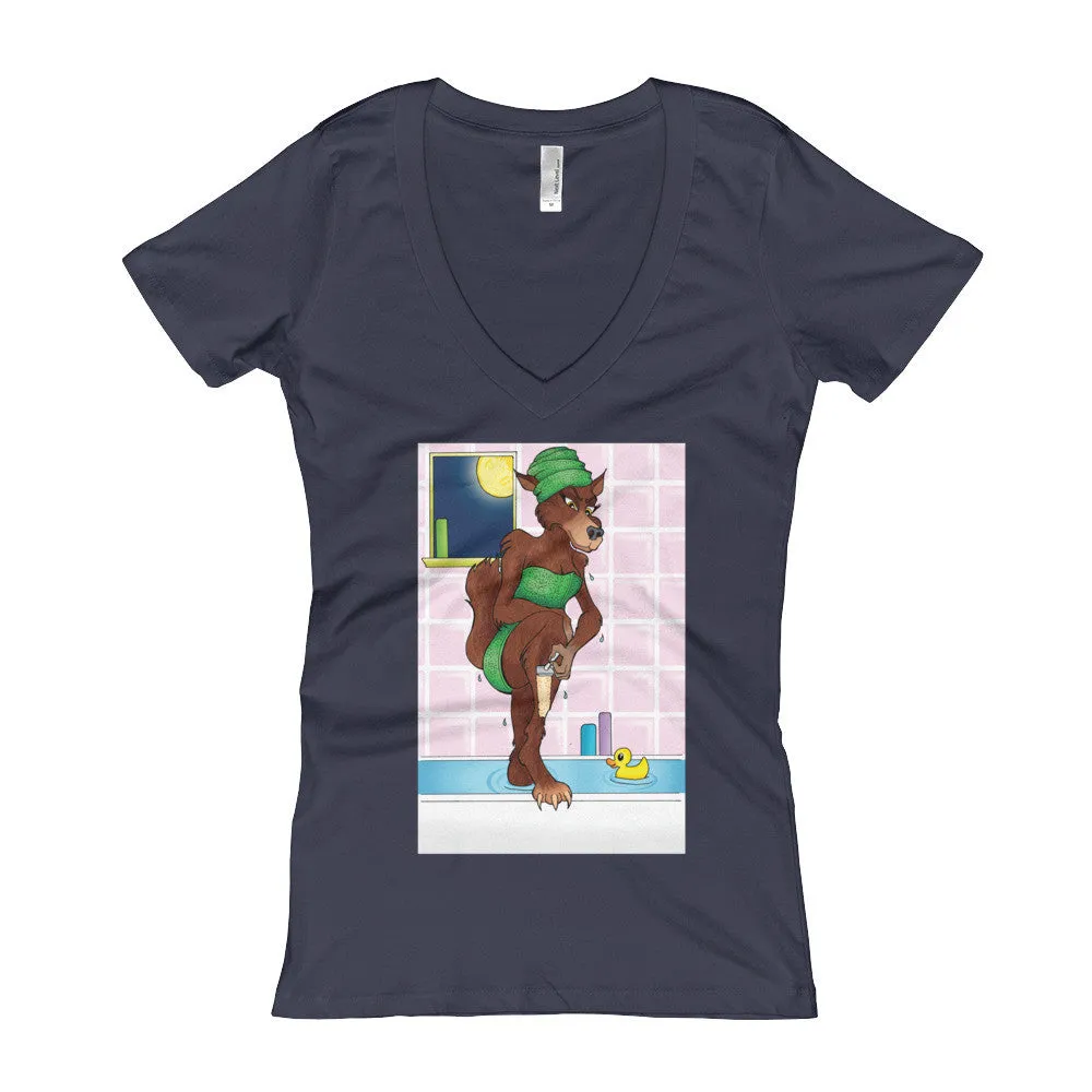 Werewolf Shaving in the Shower Fitted V-Neck T-Shirt