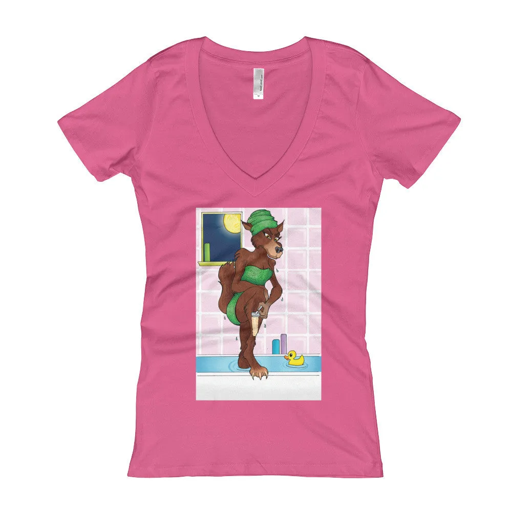 Werewolf Shaving in the Shower Fitted V-Neck T-Shirt