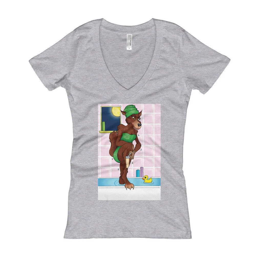 Werewolf Shaving in the Shower Fitted V-Neck T-Shirt