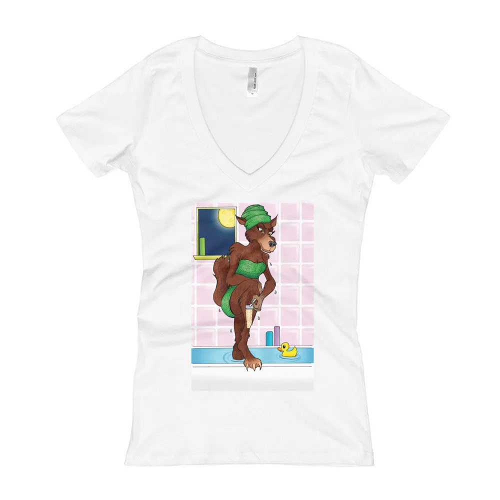 Werewolf Shaving in the Shower Fitted V-Neck T-Shirt