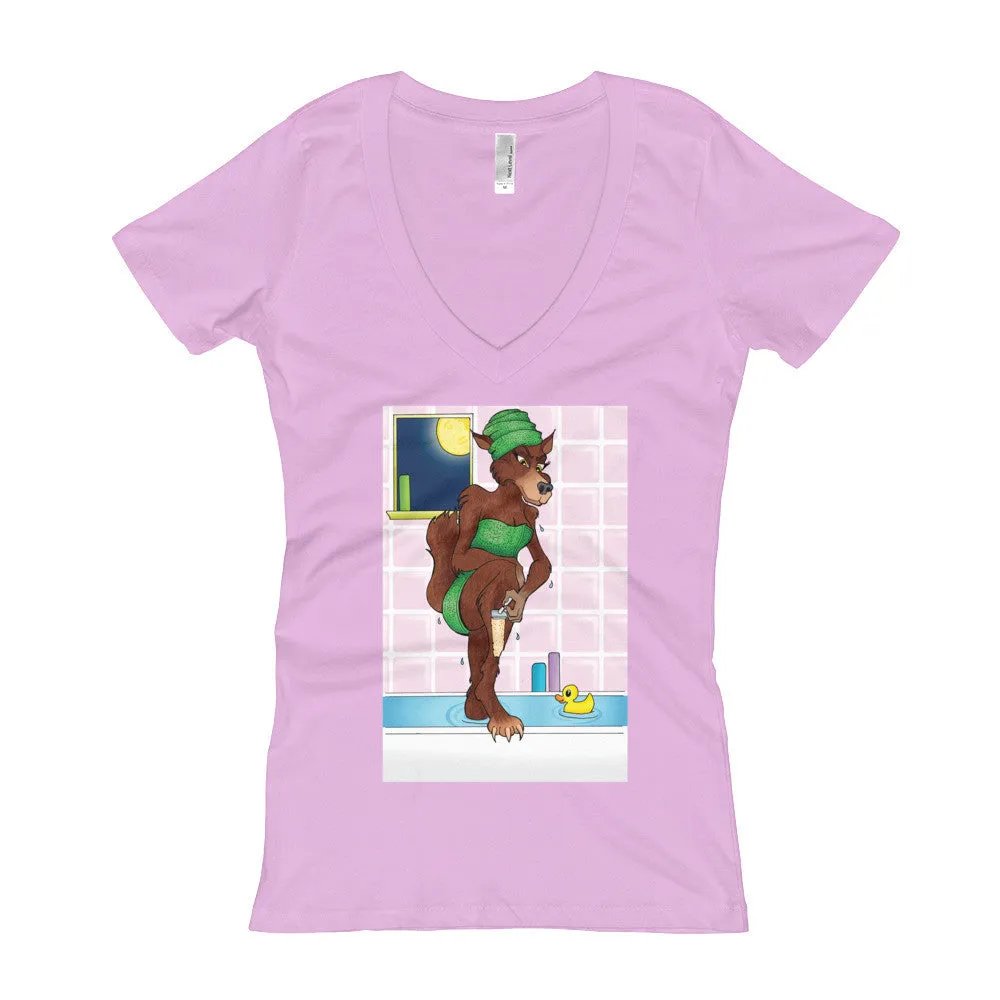 Werewolf Shaving in the Shower Fitted V-Neck T-Shirt