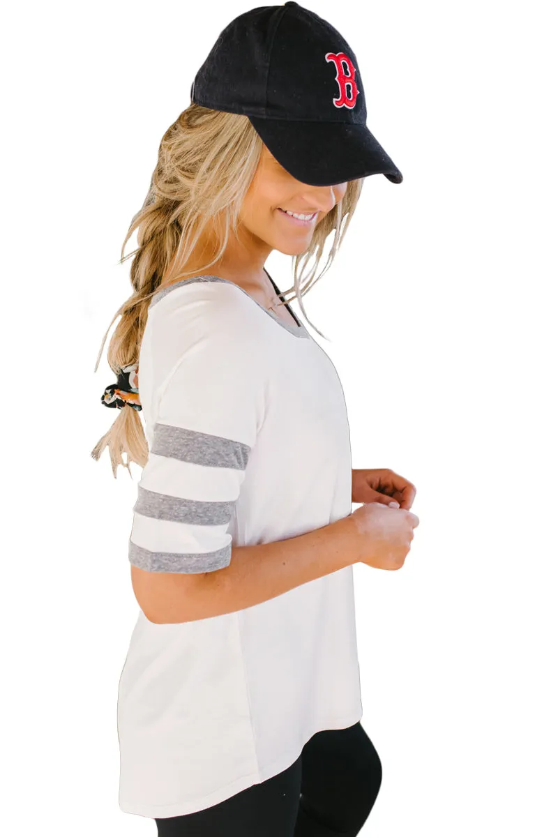 White Varsity V Neck Baseball Tee