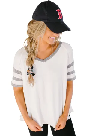 White Varsity V Neck Baseball Tee