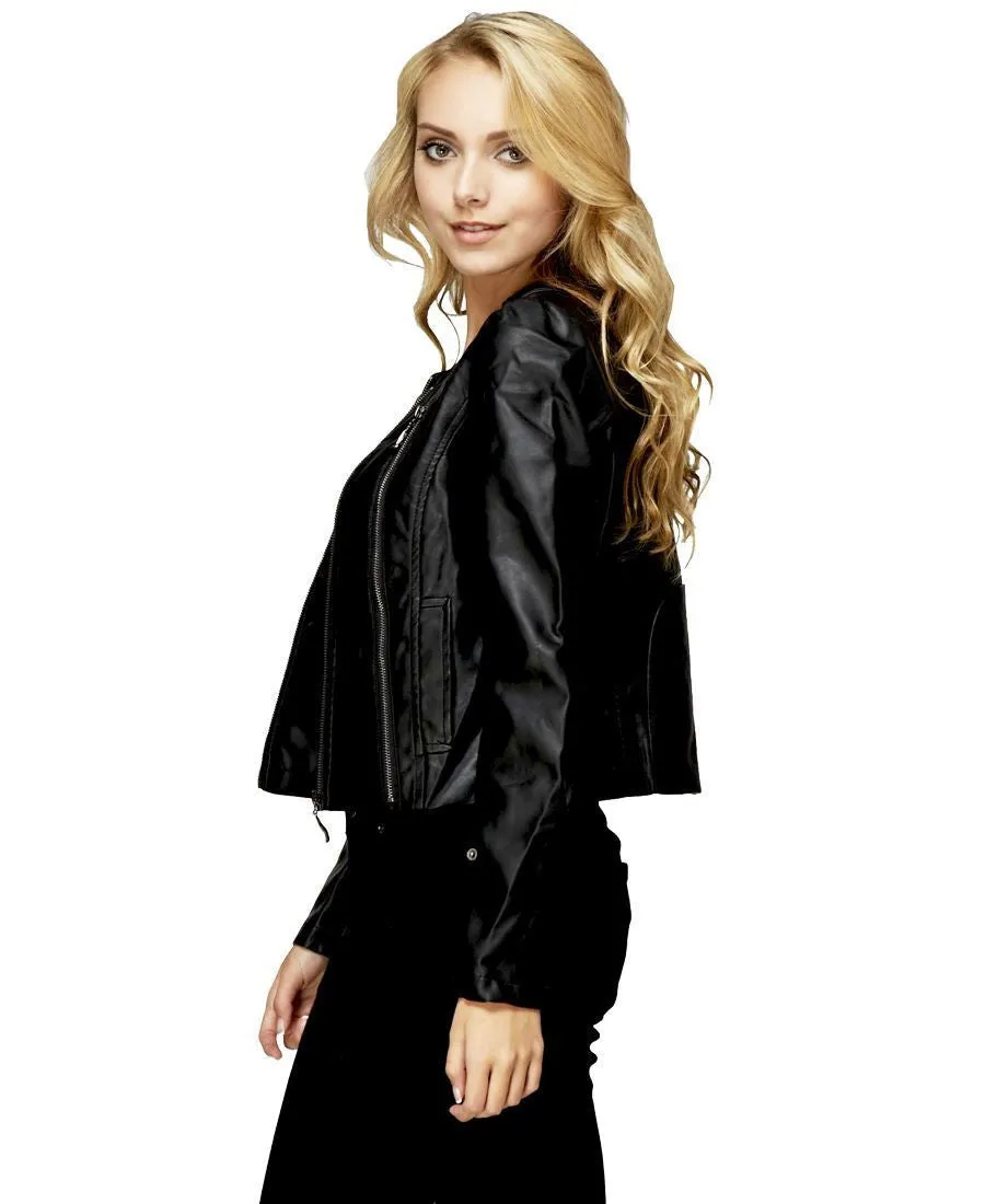 Womens Faux Leather Shell Stylish Black 3 Zipper Jacket