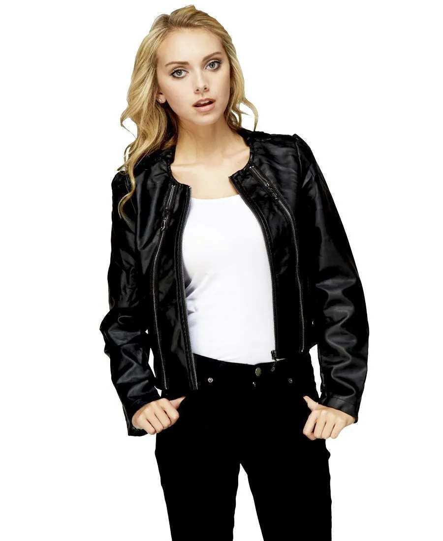 Womens Faux Leather Shell Stylish Black 3 Zipper Jacket