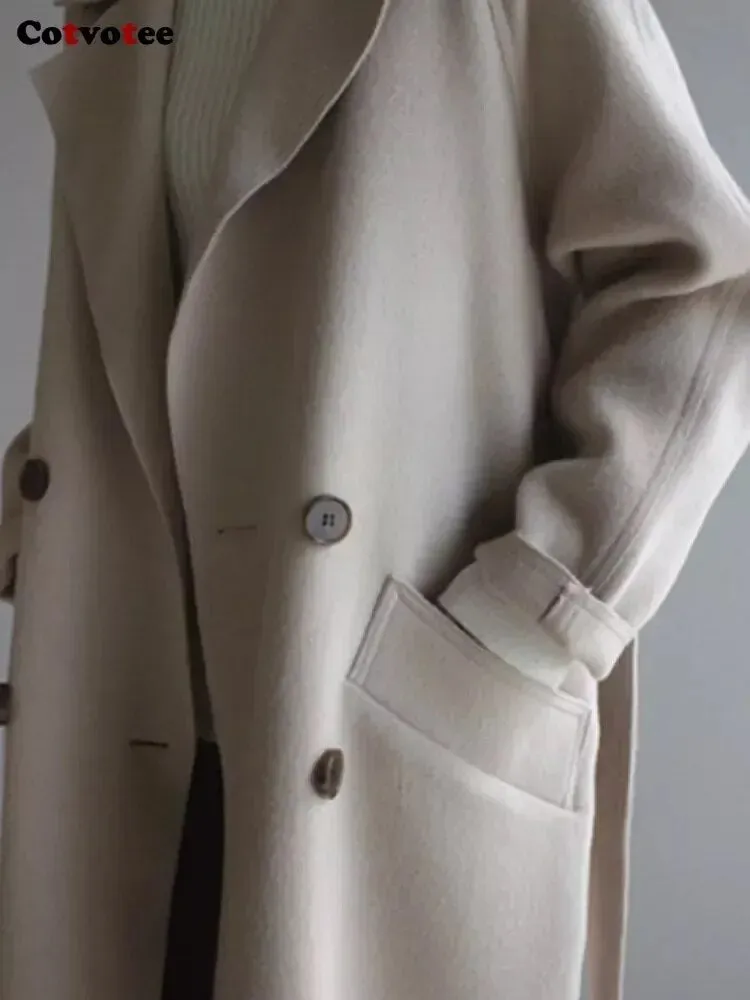 Wool Blend Coats for Women Chic Coats Button Urban Loose Solid Color Long Belted Coat