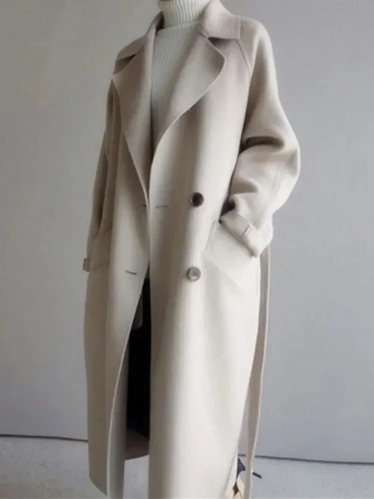 Wool Blend Coats for Women Chic Coats Button Urban Loose Solid Color Long Belted Coat