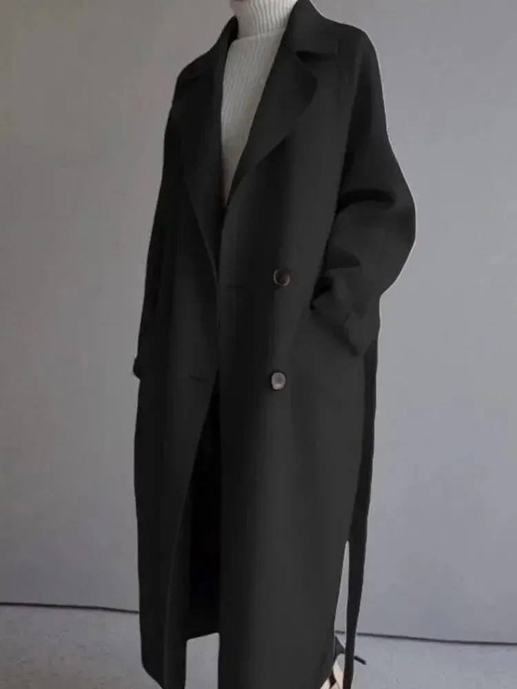Wool Blend Coats for Women Chic Coats Button Urban Loose Solid Color Long Belted Coat