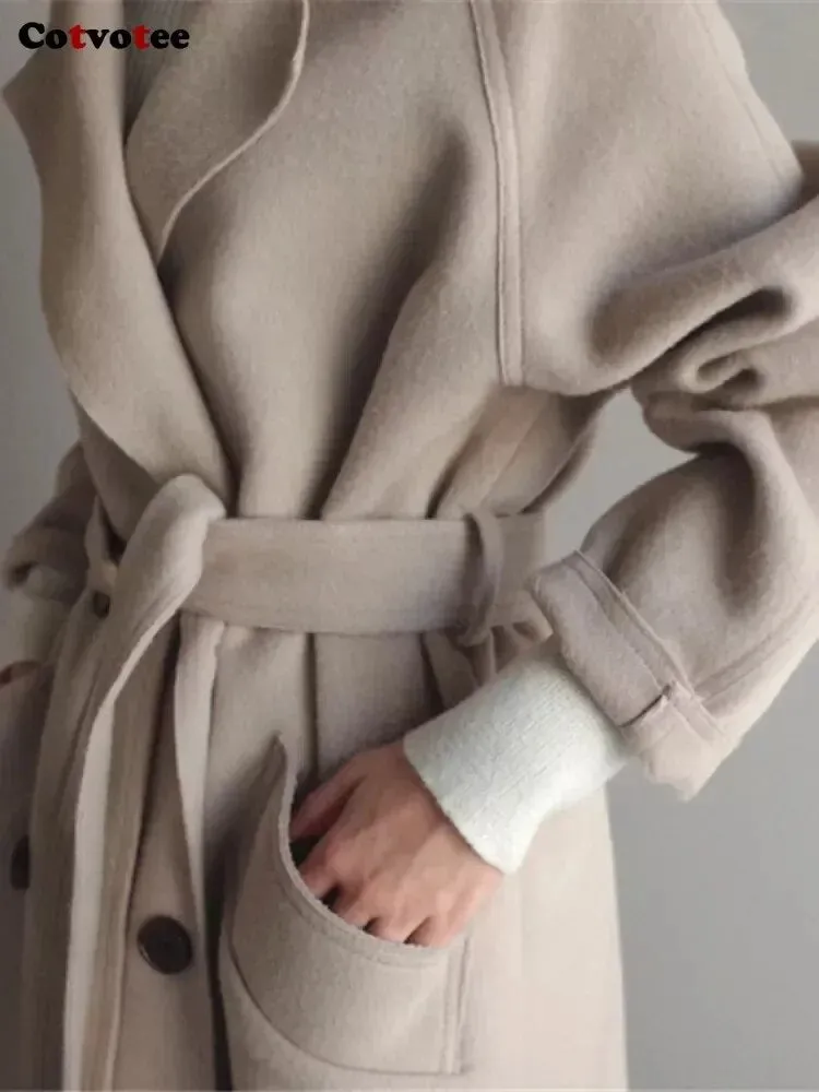Wool Blend Coats for Women Chic Coats Button Urban Loose Solid Color Long Belted Coat