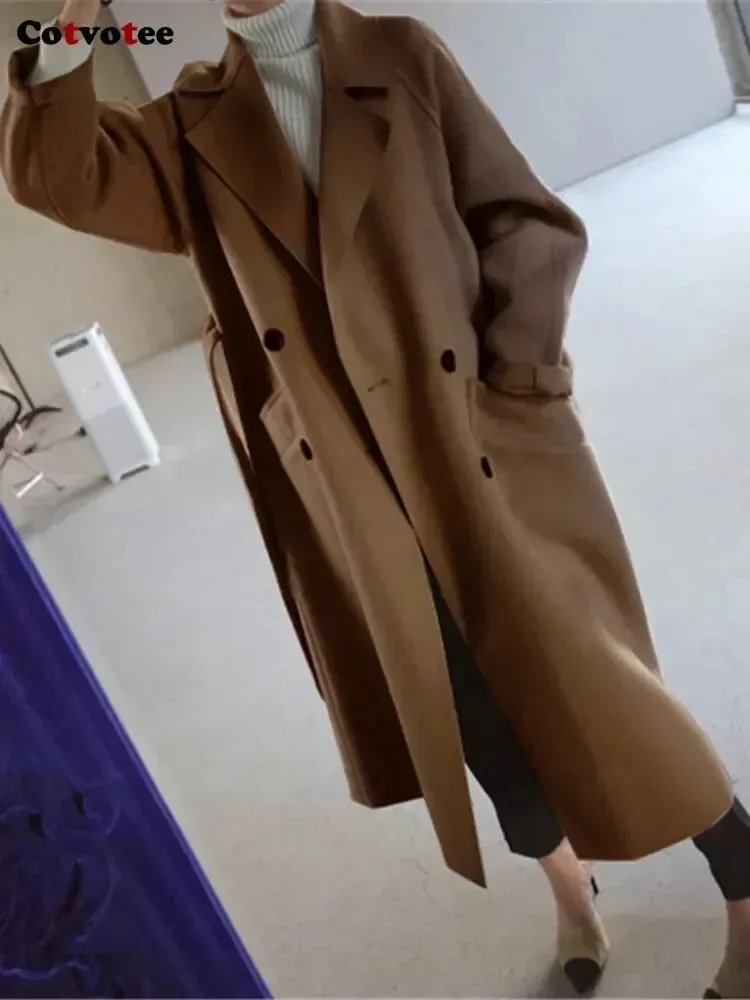 Wool Blend Coats for Women Chic Coats Button Urban Loose Solid Color Long Belted Coat