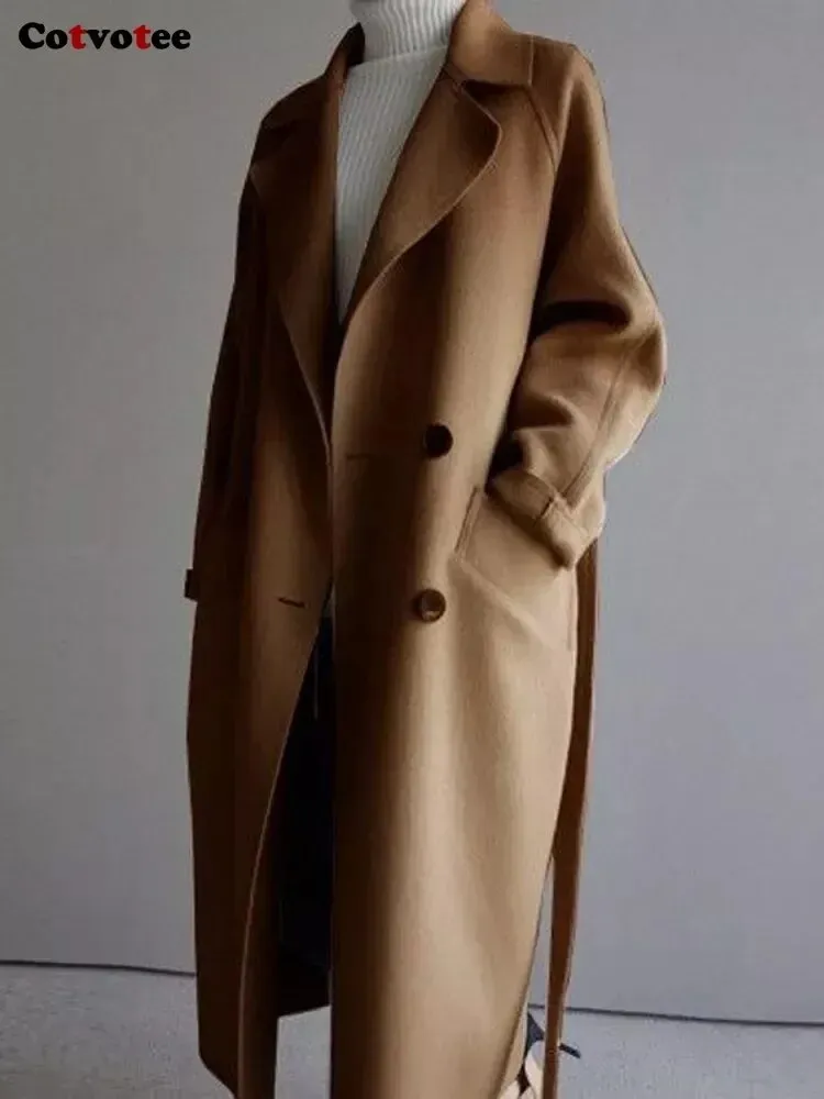 Wool Blend Coats for Women Chic Coats Button Urban Loose Solid Color Long Belted Coat