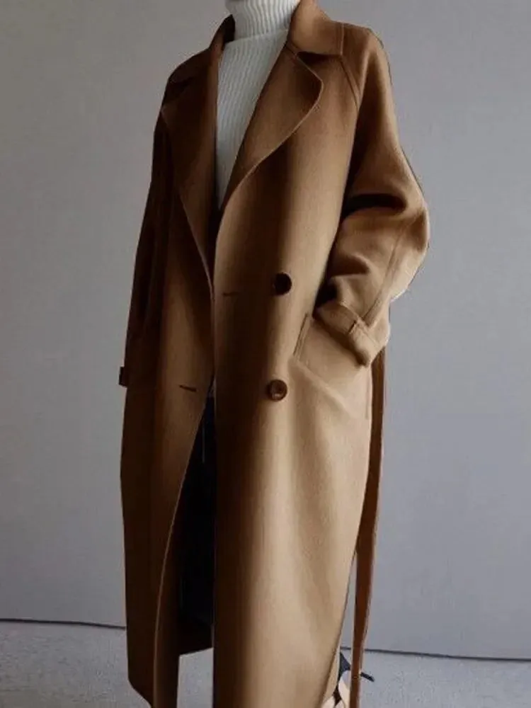 Wool Blend Coats for Women Chic Coats Button Urban Loose Solid Color Long Belted Coat