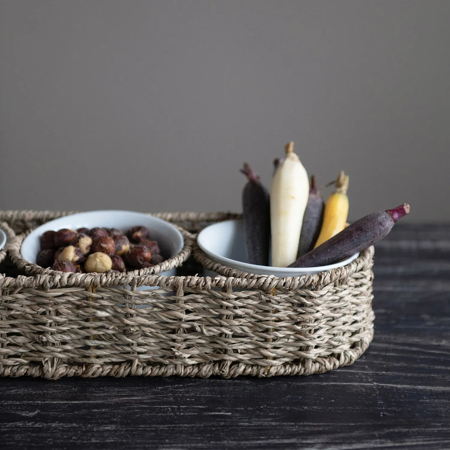 Woven Seagrass Basket with Ceramic Bowls