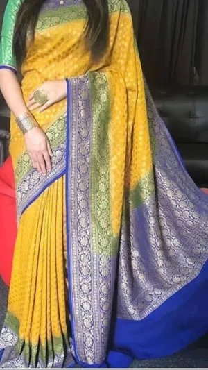 Yellow-Blue Ombre Effect Banarasi Khaddi Party Saree