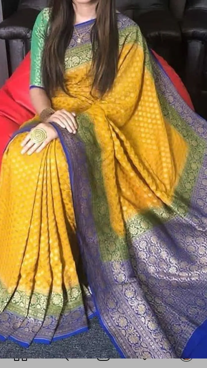 Yellow-Blue Ombre Effect Banarasi Khaddi Party Saree