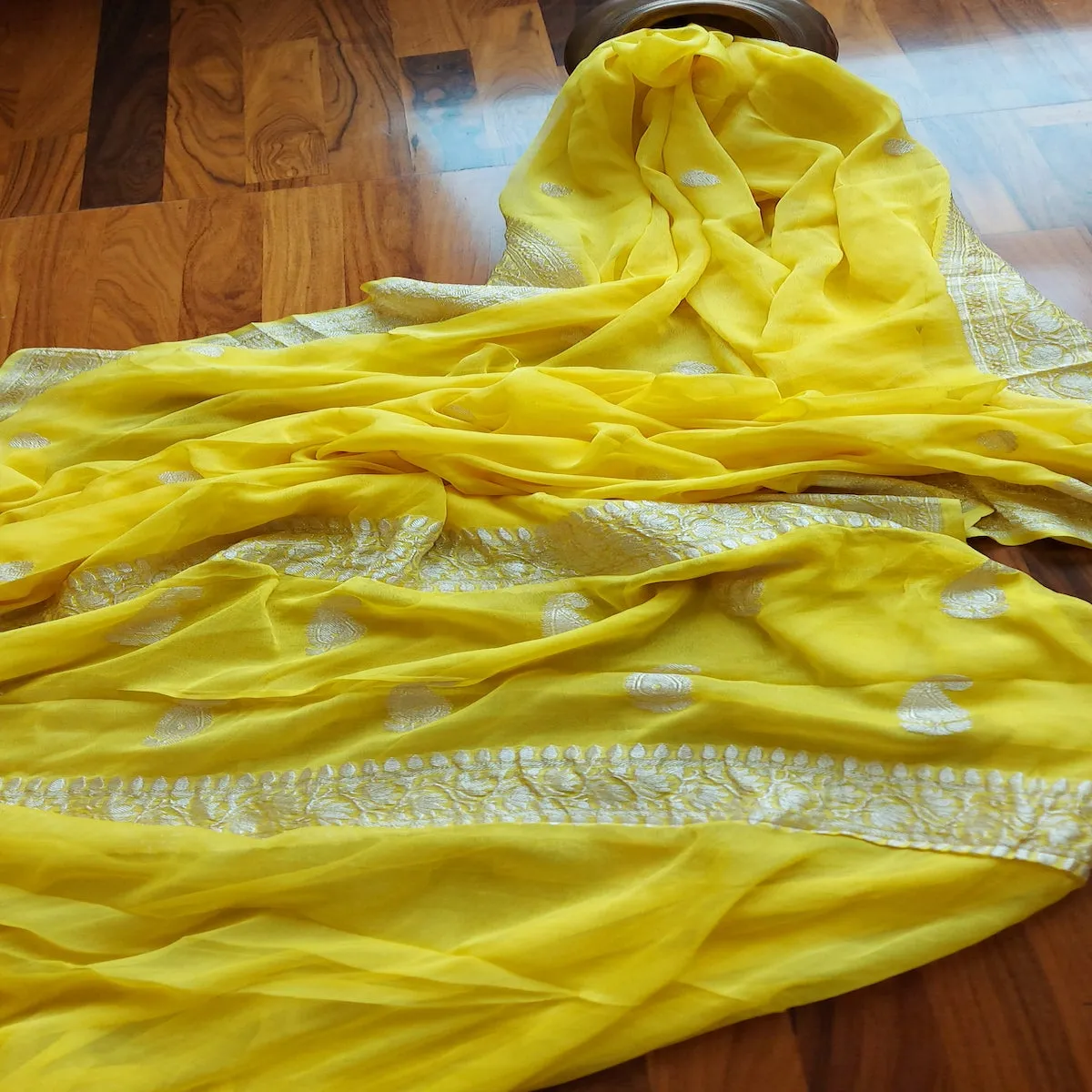 Yellow buti Jaal Banarasi Khaddi Georgette Saree