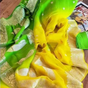Yellow-Green Ombre Banarasi Chiffon Buti Saree