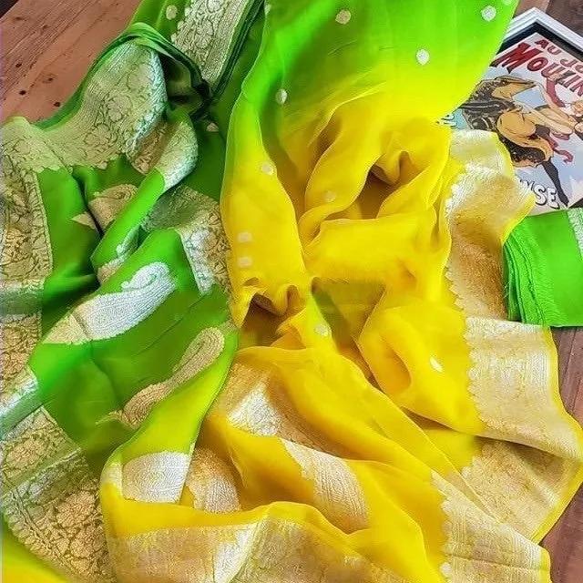 Yellow-Green Ombre Banarasi Chiffon Buti Saree